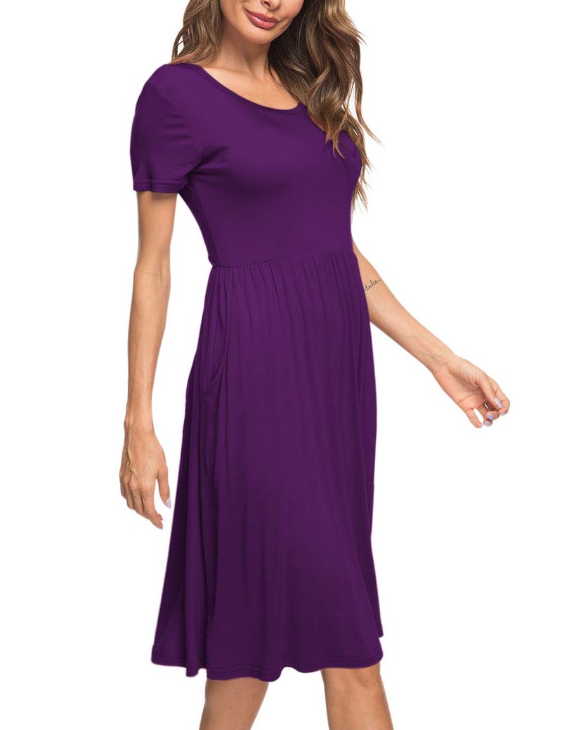 AUSELILY Women's Short Sleeve Empire Waist Dress Pleated Loose Swing Knee Length Dresses with Pockets 2026 New Purple XL - Image 4